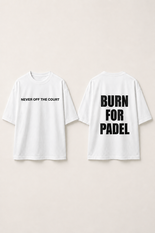 Camiseta Born For Padel blanca — vista frontal y trasera