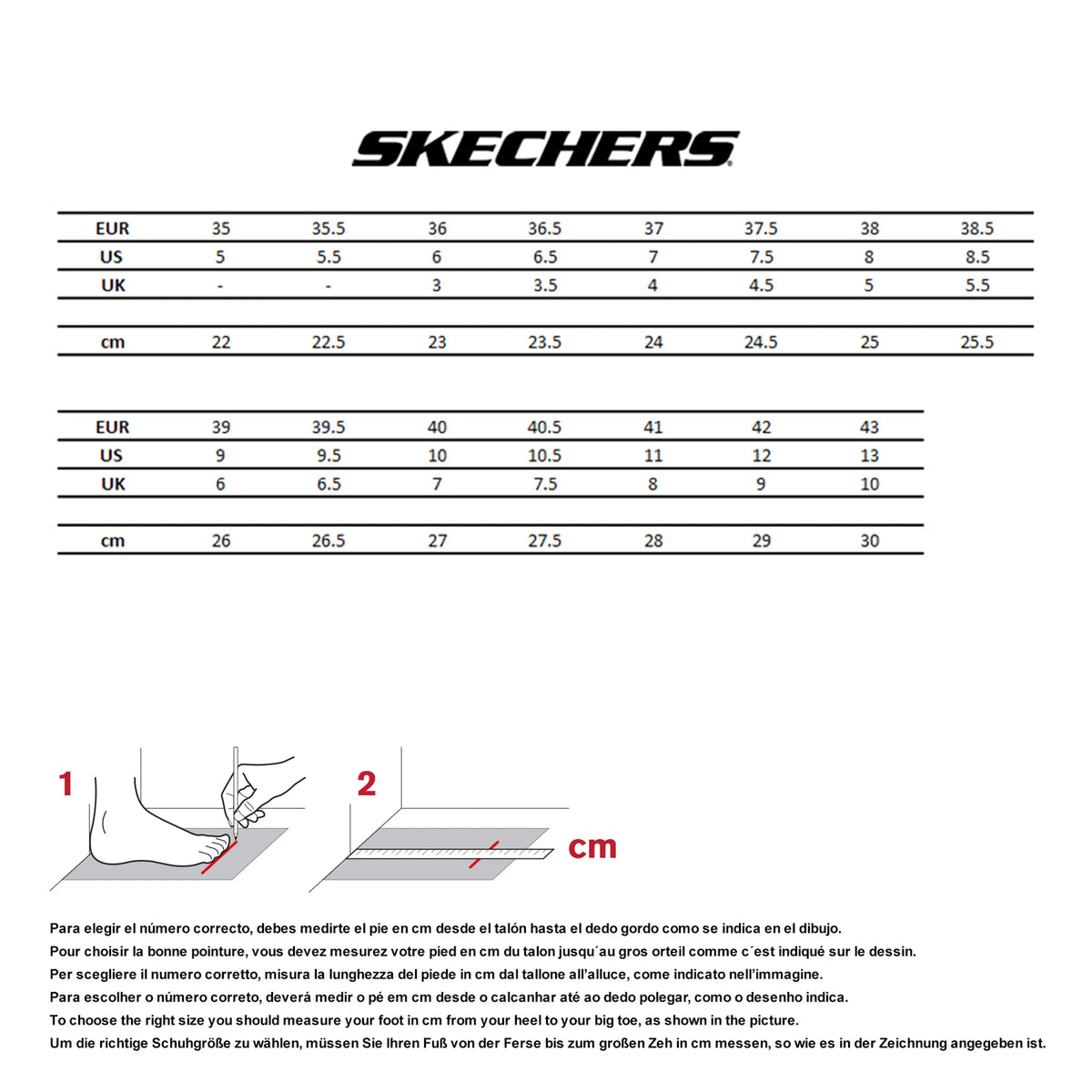 Guía de tallas Skechers mujer